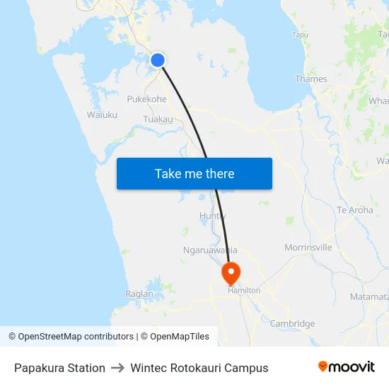 Papakura Station to Wintec Rotokauri Campus map
