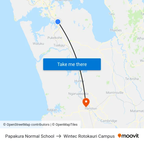 Papakura Normal School to Wintec Rotokauri Campus map