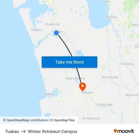 Tuakau to Wintec Rotokauri Campus map