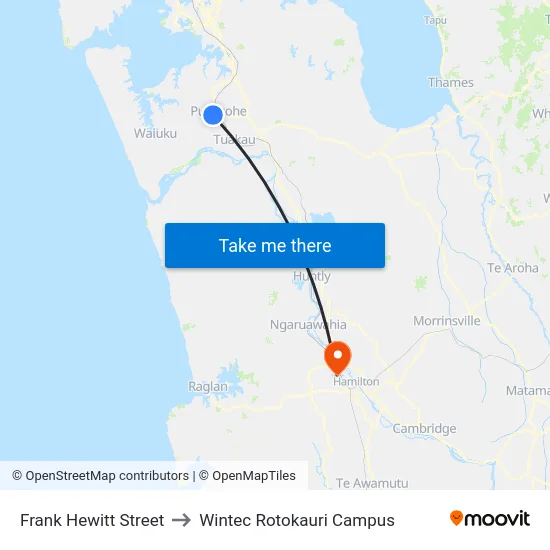 Frank Hewitt Street to Wintec Rotokauri Campus map