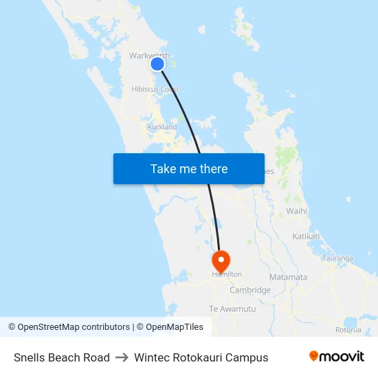 Snells Beach Road to Wintec Rotokauri Campus map