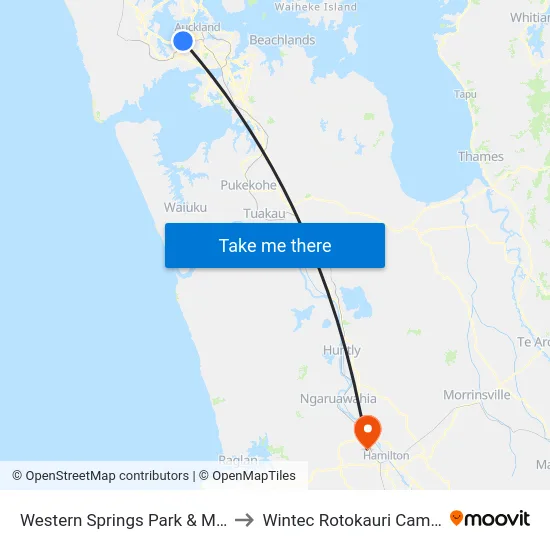 Western Springs Park & Motat to Wintec Rotokauri Campus map