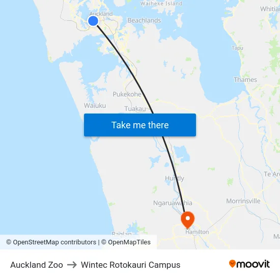 Auckland Zoo to Wintec Rotokauri Campus map