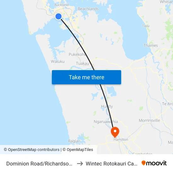 Dominion Road/Richardson Road to Wintec Rotokauri Campus map