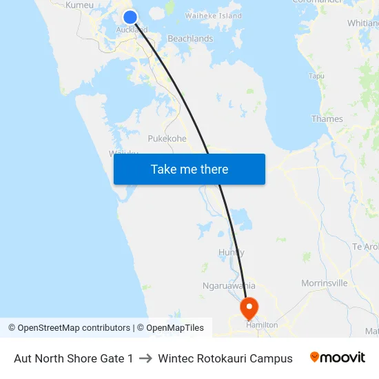 Aut North Shore Gate 1 to Wintec Rotokauri Campus map