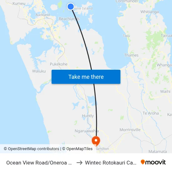 Ocean View Road/Oneroa Village to Wintec Rotokauri Campus map