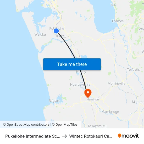 Pukekohe Intermediate School to Wintec Rotokauri Campus map