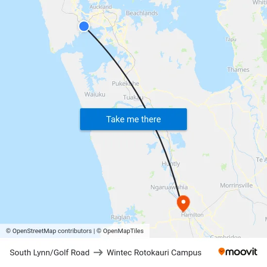 South Lynn/Golf Road to Wintec Rotokauri Campus map