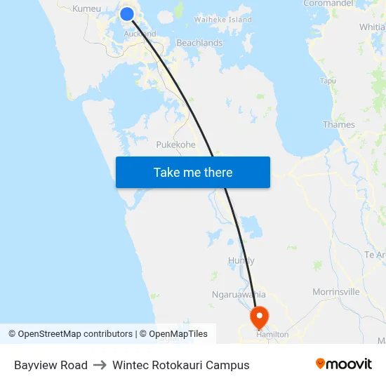 Bayview Road to Wintec Rotokauri Campus map