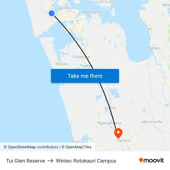 Tui Glen Reserve to Wintec Rotokauri Campus map