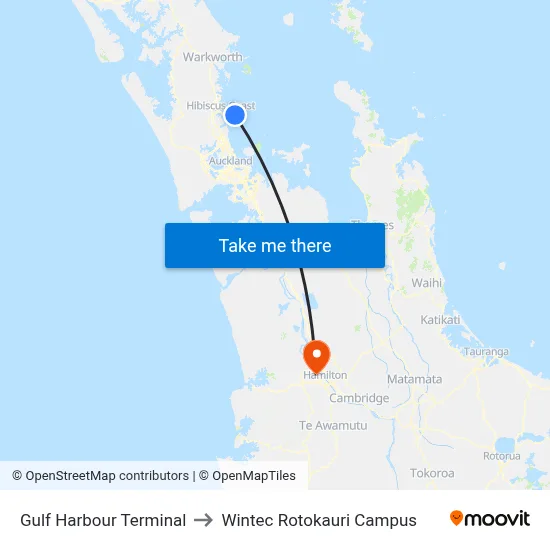 Gulf Harbour Terminal to Wintec Rotokauri Campus map