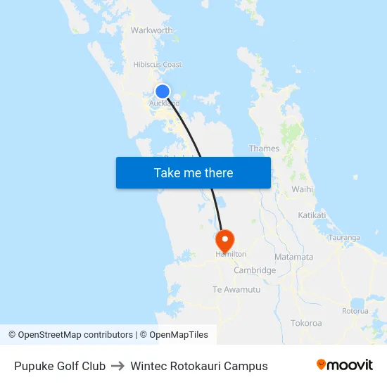 Pupuke Golf Club to Wintec Rotokauri Campus map