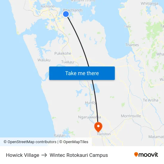Howick Village to Wintec Rotokauri Campus map