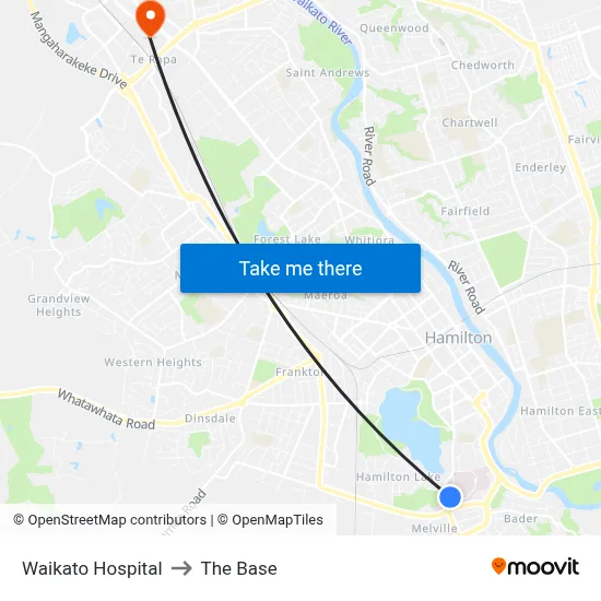 Waikato Hospital to The Base map