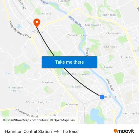 Hamilton Central Station to The Base map