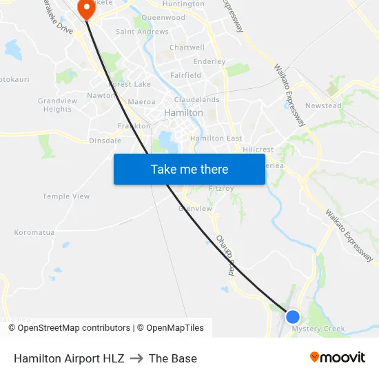 Hamilton Airport HLZ to The Base map