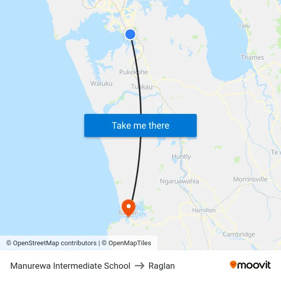 Manurewa Intermediate School to Raglan map