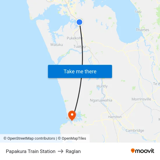 Papakura Train Station to Raglan map