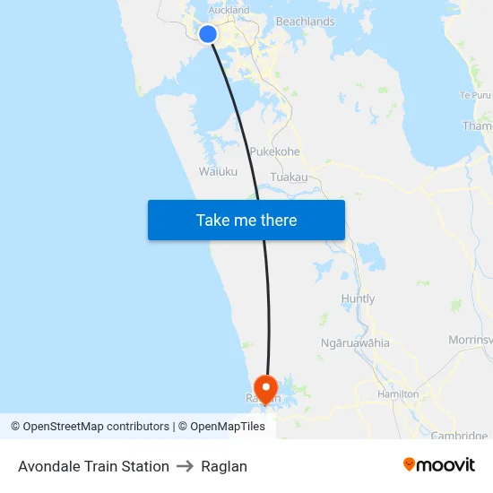 Avondale Train Station to Raglan map