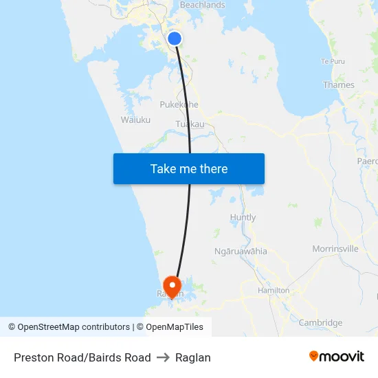 Preston Road/Bairds Road to Raglan map