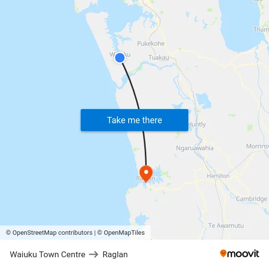 Waiuku Town Centre to Raglan map