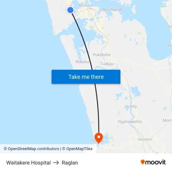 Waitakere Hospital to Raglan map