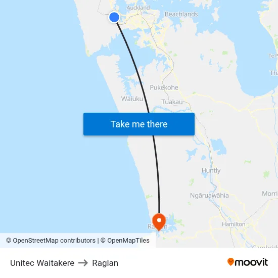 Unitec Waitakere to Raglan map