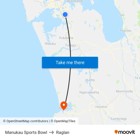 Manukau Sports Bowl to Raglan map
