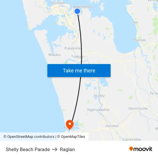 Shelly Beach Parade to Raglan map