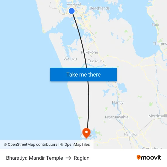 Bharatiya Mandir Temple to Raglan map