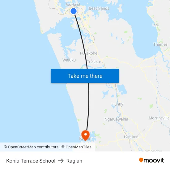 Kohia Terrace School to Raglan map