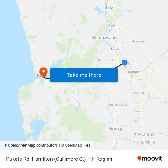 Pukete Rd, Hamilton (Cullimore St) to Raglan map
