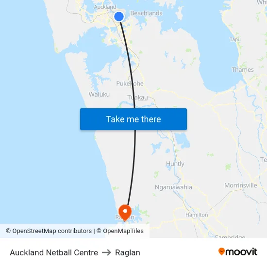 Auckland Netball Centre to Raglan map