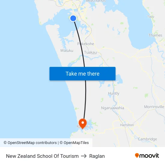 New Zealand School Of Tourism to Raglan map