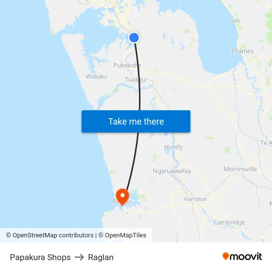 Papakura Shops to Raglan map