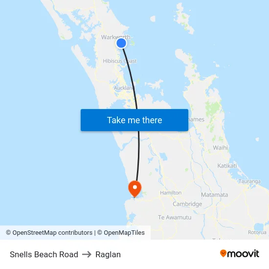Snells Beach Road to Raglan map
