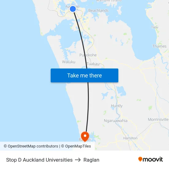 Stop D Auckland Universities to Raglan map