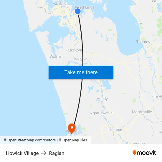 Howick Village to Raglan map