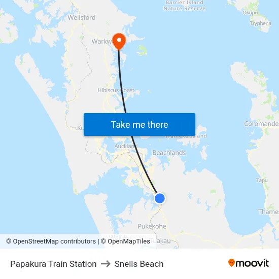 Papakura Train Station to Snells Beach map