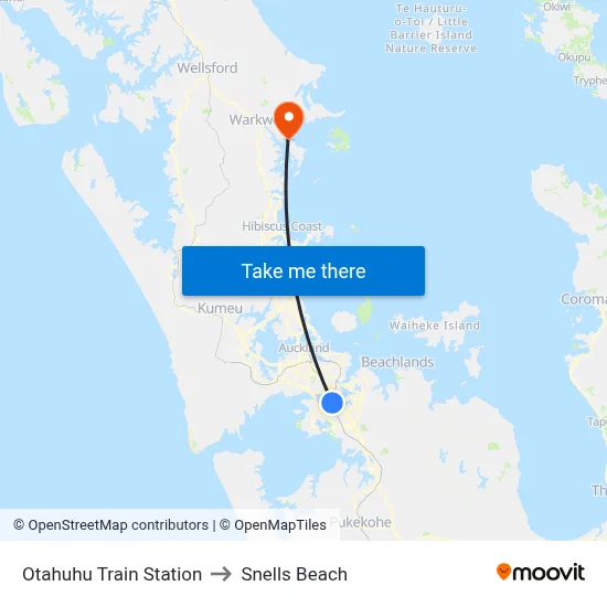 Otahuhu Train Station to Snells Beach map