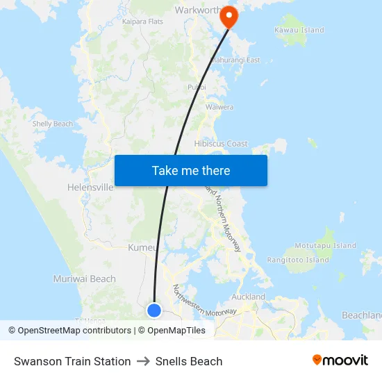 Swanson Train Station to Snells Beach map
