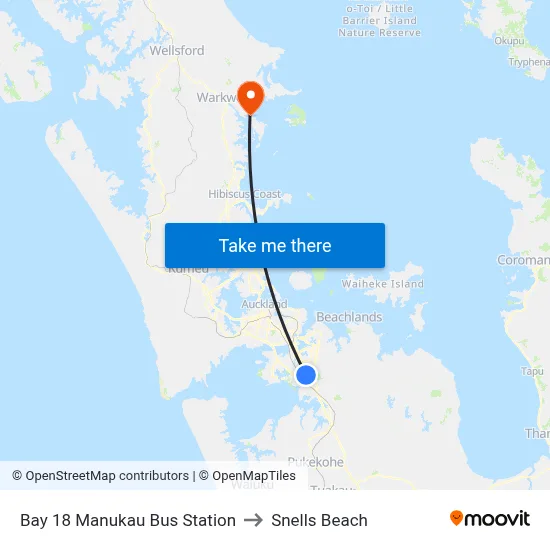 Bay 18 Manukau Bus Station to Snells Beach map