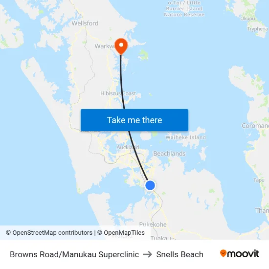 Browns Road/Manukau Superclinic to Snells Beach map