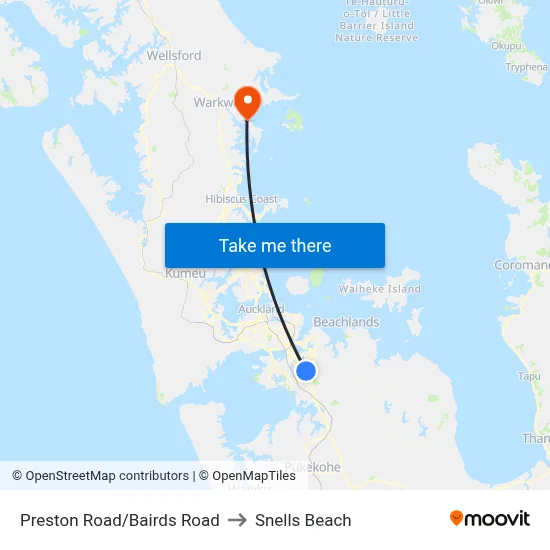 Preston Road/Bairds Road to Snells Beach map