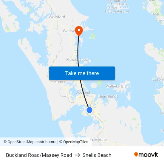Buckland Road/Massey Road to Snells Beach map