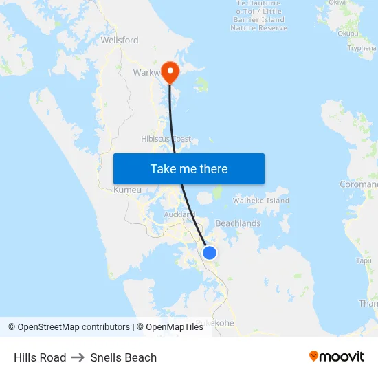 Hills Road to Snells Beach map