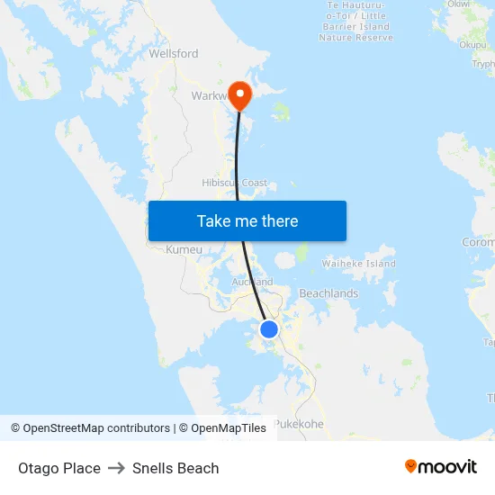 Otago Place to Snells Beach map