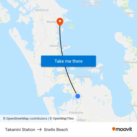 Takanini Station to Snells Beach map