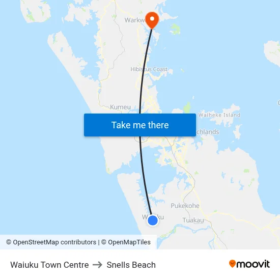Waiuku Town Centre to Snells Beach map