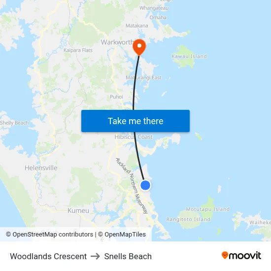 Woodlands Crescent to Snells Beach map